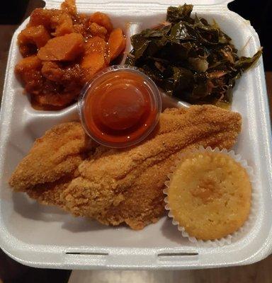 Fried Catfish Dinner, Yams, Collard Greens w/ smoked Turkey and Honey Cornbread Muffin.