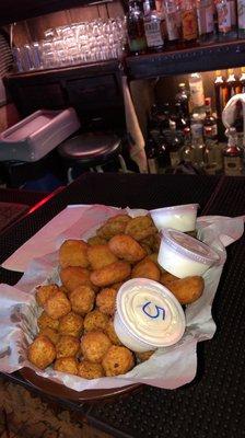 spicy balls, Mac and cheese bites and fried pickles