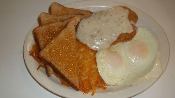 Country Boy - Country Fried Steak and Eggs with Golden Hash Browns and Toast