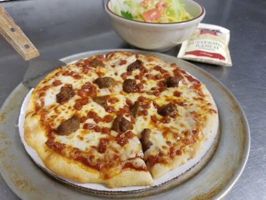 Our personal 8" pizza with sausage and a side salad.