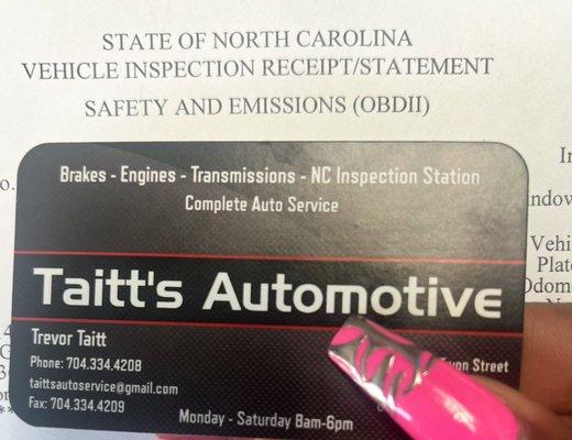 Taitt's business card & inspection receipt