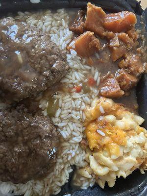 Hamburger Steak w gravy and rice, yams, and mac and cheese