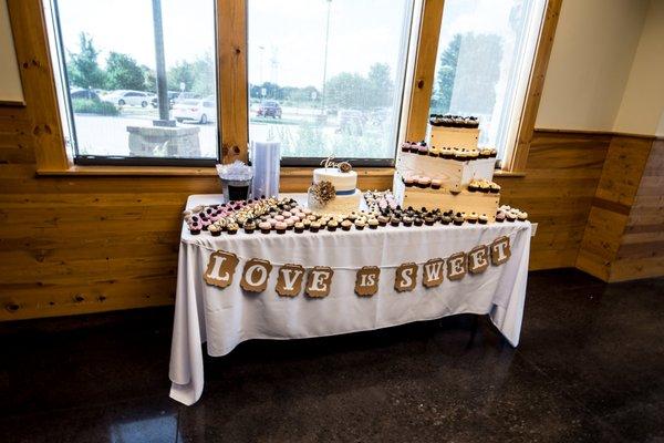 Dessert table setup for Wedding Reception at Nature & Retreat Center.