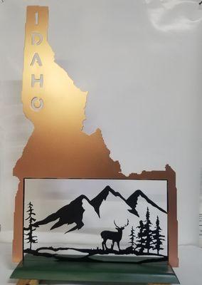 Custom one of a kind metal Idaho scene.
Cut from 16 gauge steel.
Custom sizing available. 
Custom design available.