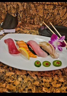 Left to right: Tuna, Salmon, Yellowtail & Halibut Fin