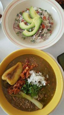 Carne en su jugo y ceviche de pescado.