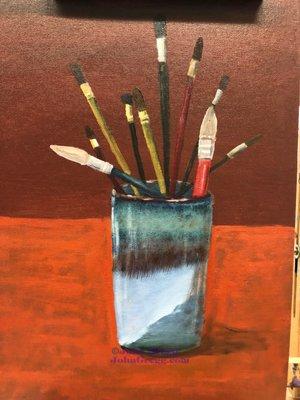 "Paint brushes in blue cup" oil painting