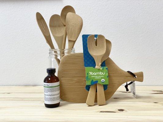 Bamboo short servers, bamboo spoons, cutting board, finishing oils