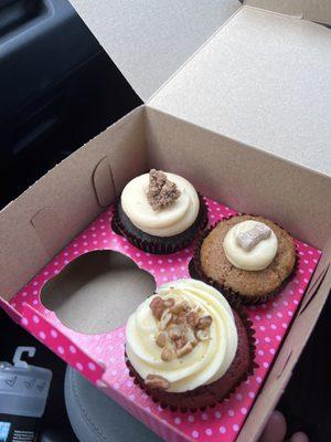 Red velvet, (top left), pup cake (next), peanut butter cup (on the bottom).