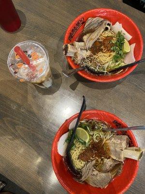 Brown Sugar boba tea and two orders of the delicious Spicy Beef Ramen!