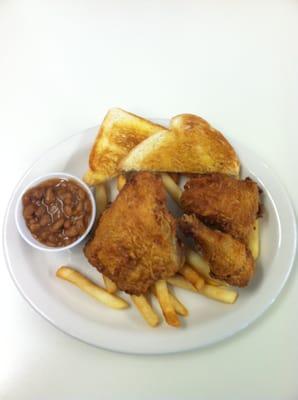 Fried Chicken Dinner: Fried Chicken Breast, Thigh, and Leg with a small fry, a piece of toast, and your choice of baked beans or coleslaw