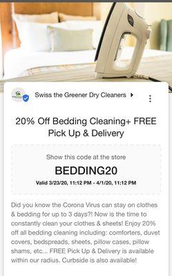 20% off all bedding cleaning now thru April 1, 2020.