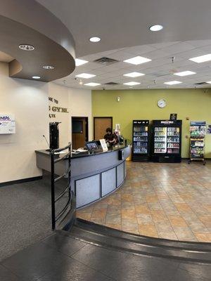 Employee lounging across front counter