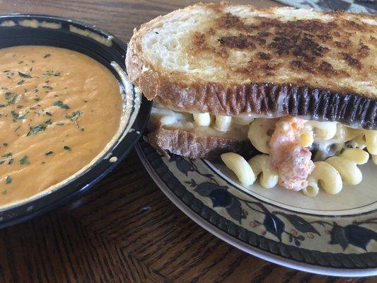 Lobster Mac and Cheese sandwich and bowl of Lobster Bisque soup