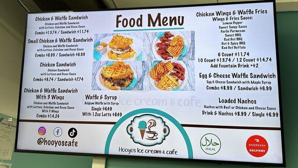 A picture of their food menu, chicken & waffles and wings and more!