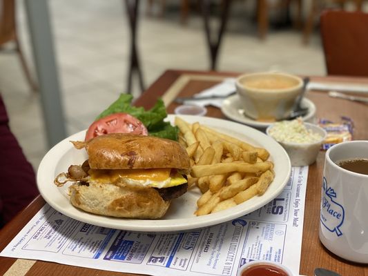 Breakfast burger with french fries