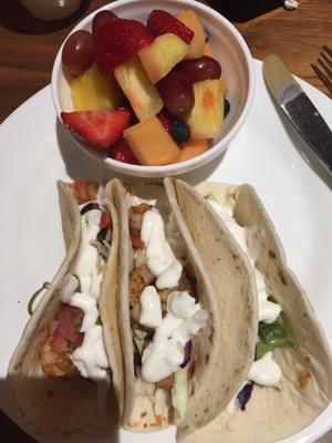 Blackened shrimp tacos and fruit