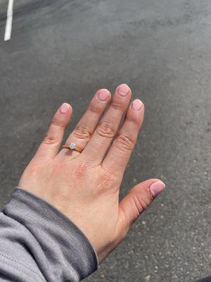 Gel manicure with quickie overlay. This add-on makes the nails harder, which feels more like a dip manicure.