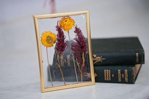 5x7 textured wallflower with celosia and strawflower.