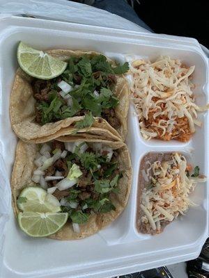 2 Tacos, Rice and Beans $5.50