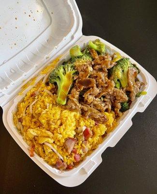 Beef and broccoli with pork fried rice lunch special!