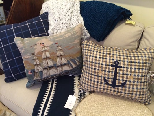 Gorgeous nautical pillows.  The needlepoint clipper ship pillow is amazing!