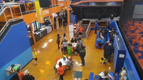 Looking down at the snack bar/sitting area