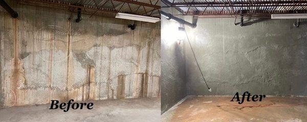 Cracked, and Previously repaired below grade storm shelter. Crystalline waterproofing applied.  Before & After image.