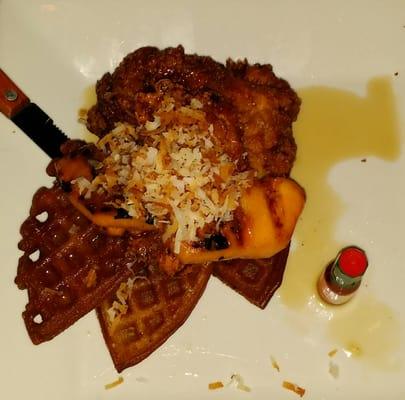 Crispy Chicken over maple-soaked waffles, topped with Melon & Coconut. This is the best version I have tasted. Period.