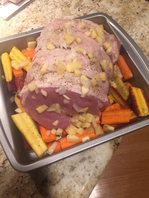 Meal prep- Apple/onion/garlic stuffed pork roast with roasted carrots!!