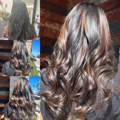 A brunette Balayage, cut and style.