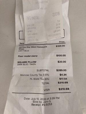 Reciept shows "floor model" not "outdoor model"