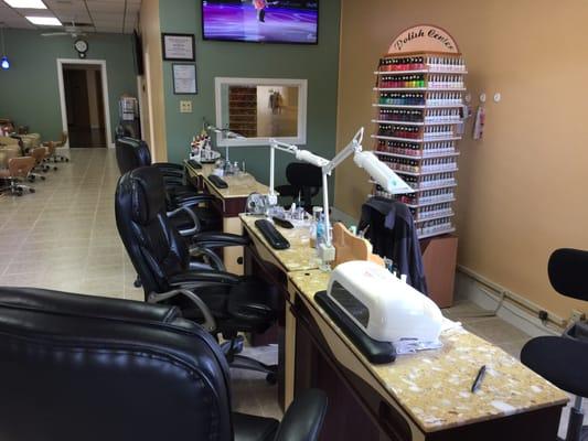 One of the nail stations. Bright and clean facility!