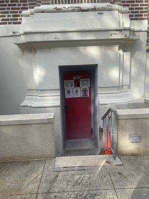 Entrance to church basement thrift store