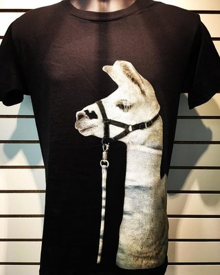 Very large full color Llama printed all the way to the shirt seam!