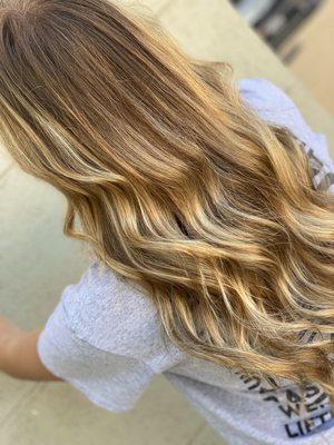 Warm Golden Balayage with baby lights and a shadow root