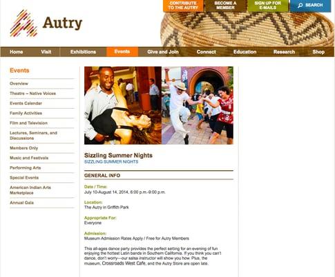 Lisa and fellow instructor Chris Njunge featured on the Autry Museum's Sizzling Summer Nights page for their salsa events in Los Angeles.