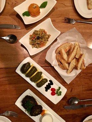 From top Red pepper and walnut spread (similar to hummus), grilled eggplant, dolmas and zucchini patties.