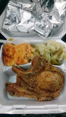 Fried Pork Chop, cabbage, mac and cheese.