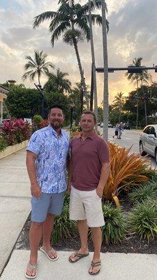 Kenny on left wearing new shirt from Teruzzi Men's Wear (blue & white)