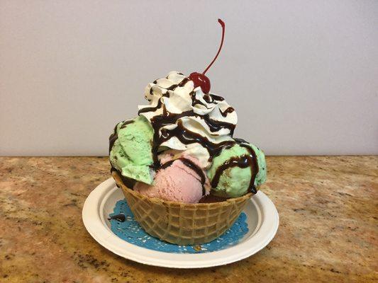 I scream for ice cream ,waffle cone bowl that comes with 4 scoops of ice cream and  toppings of your choice