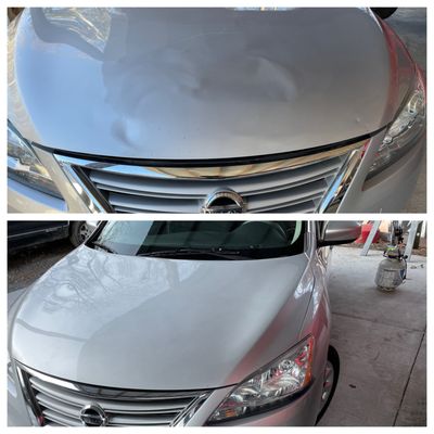 Before and after paintless dent repair | Nissan Sentra Hood