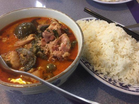 Keng Phet Curry (red) with Chicken and rice. Bangkok Deli N Mpls