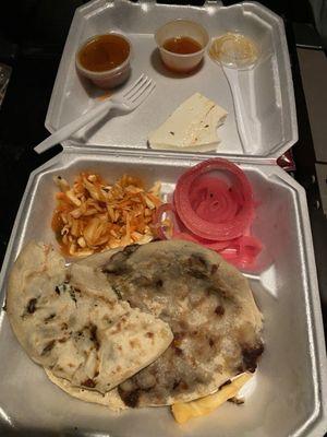 3 pupusas beans with cheese and cheese with loroco it's an exotic plant delicious you won't be disappointed!