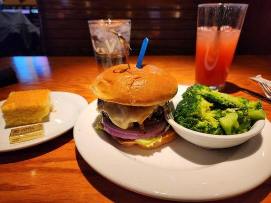 Cornbread,  mushroom Swiss burger amd broccoli side.