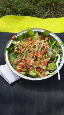 Salad bowl with green chile chicken. Yum