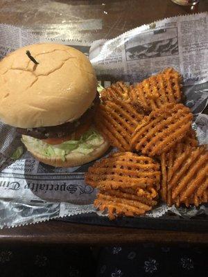 Burger with sweet potato fries.