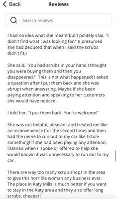 This was posted by another customer as well notice a trend accusing the customer of taking scrubs following her to her car