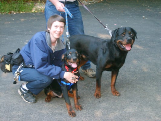 Susan Bainbridge, Lightning (her dog) and Lightning's Dad Orka sharing quality time, while being photographed.