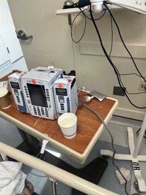 The IV machine was on a table and not on a proper stand